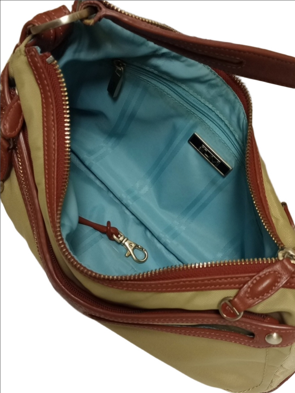 TUMI TAN BALLISTIC NYLON SHOULDER BAG WITH BROWN LEATHER TRIM - Picture 11 of 16
